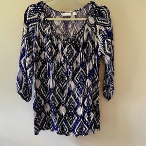 Blue and white Ikat print peasant top